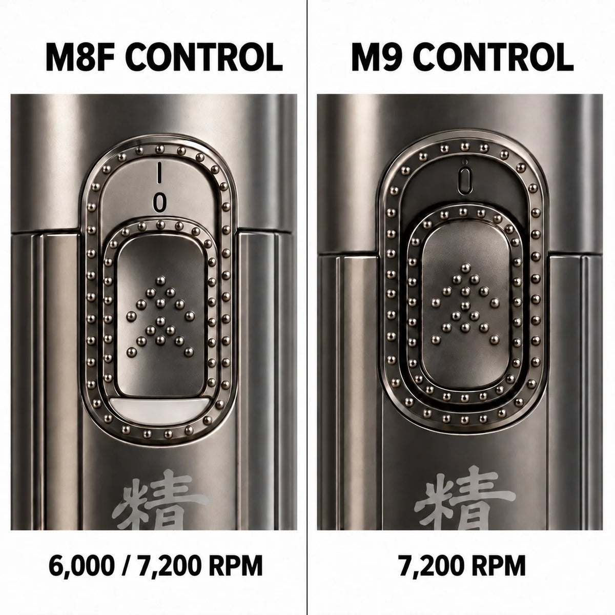 M8F two speeds 6000 and 7200 RPM; M9 single speed 7200 RPM