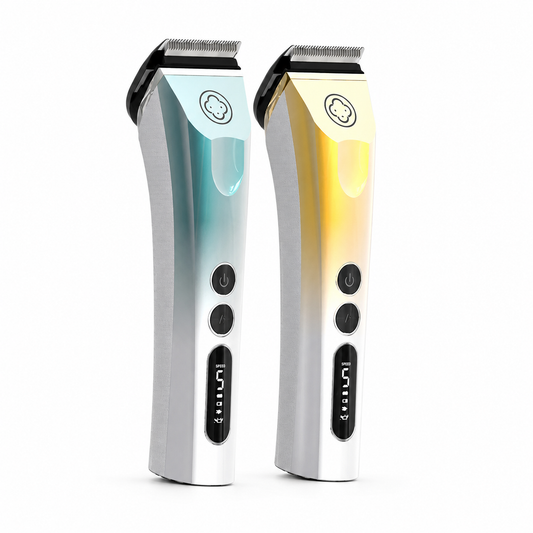 Madeshow CG-986F professional cordless hair clippers in sky blue and gold on white background
