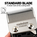 Madeshow M10+ STANDARD刃の拡大写真。切断用の刃先、丸みのある外側の角、固定ネジを表示