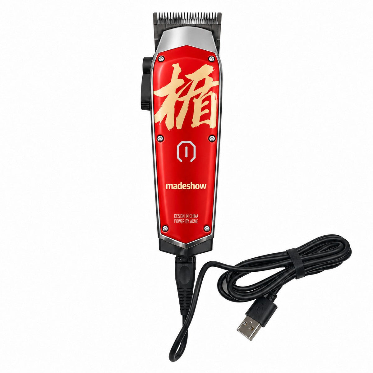 専用充電ケーブルを接続したMadeshow M10+レッド。電源側はUSB-A
