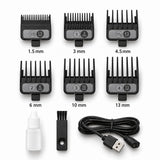 Madeshow M10+の付属品：1.5、3、4.5、6、10、13 mmのガイドコーム6個、USB充電ケーブル、掃除用ブラシ、潤滑油
