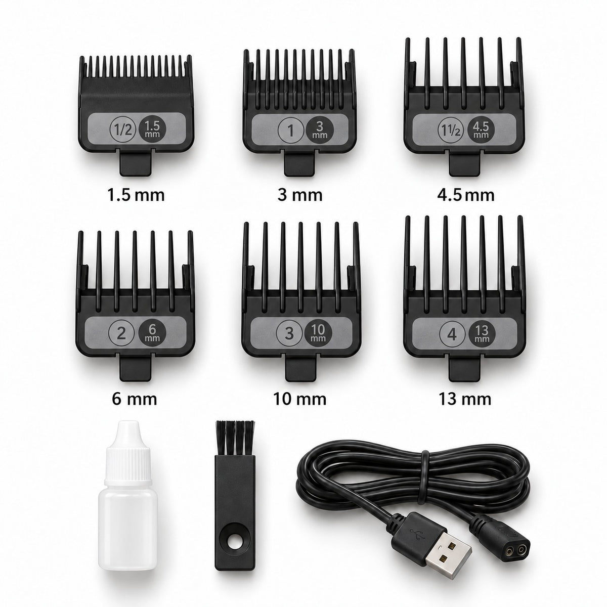 Madeshow M10+の付属品：1.5、3、4.5、6、10、13 mmのガイドコーム6個、USB充電ケーブル、掃除用ブラシ、潤滑油