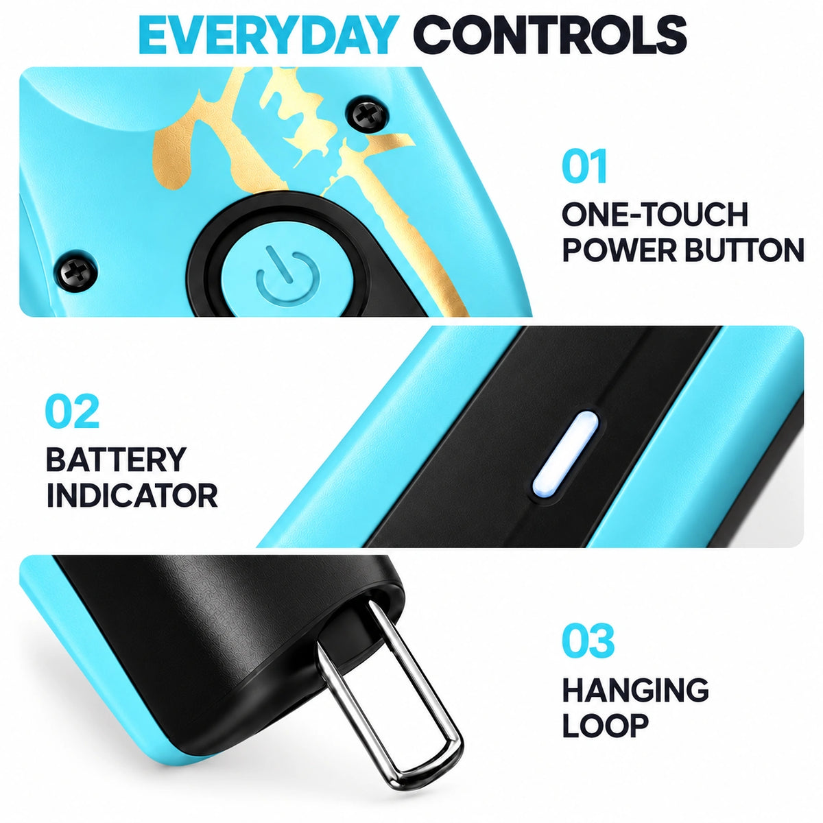 Madeshow M15 Blue — power button, battery indicator and hanging loop