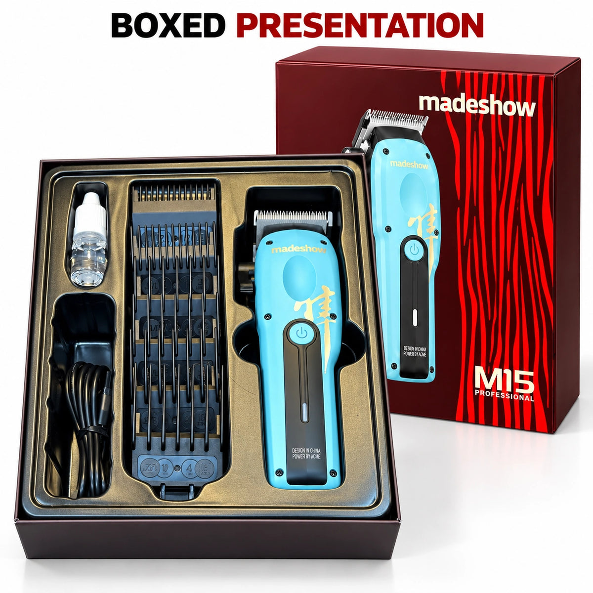 Madeshow M15 Blue — retail box and fitted tray