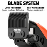 Madeshow M15 Orange — DLC-coated powder metallurgy fixed blade and titanium-coated ceramic moving blade
