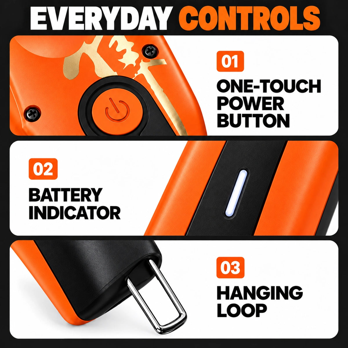 Madeshow M15 Orange — power button, battery indicator and hanging loop