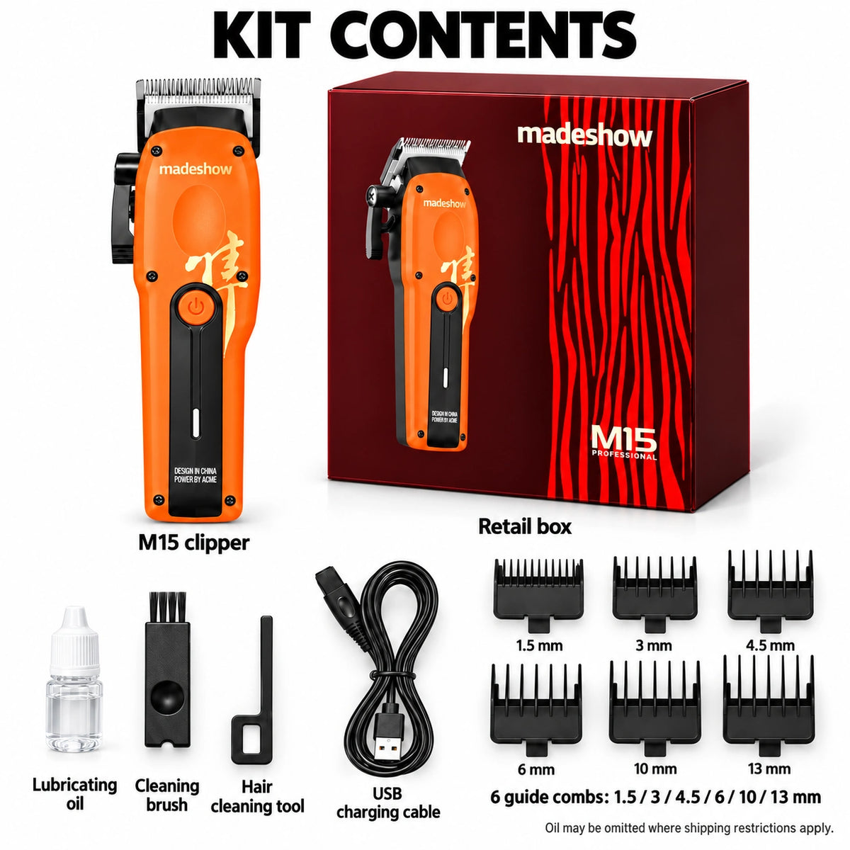 Madeshow M15 Orange — clipper and included accessories