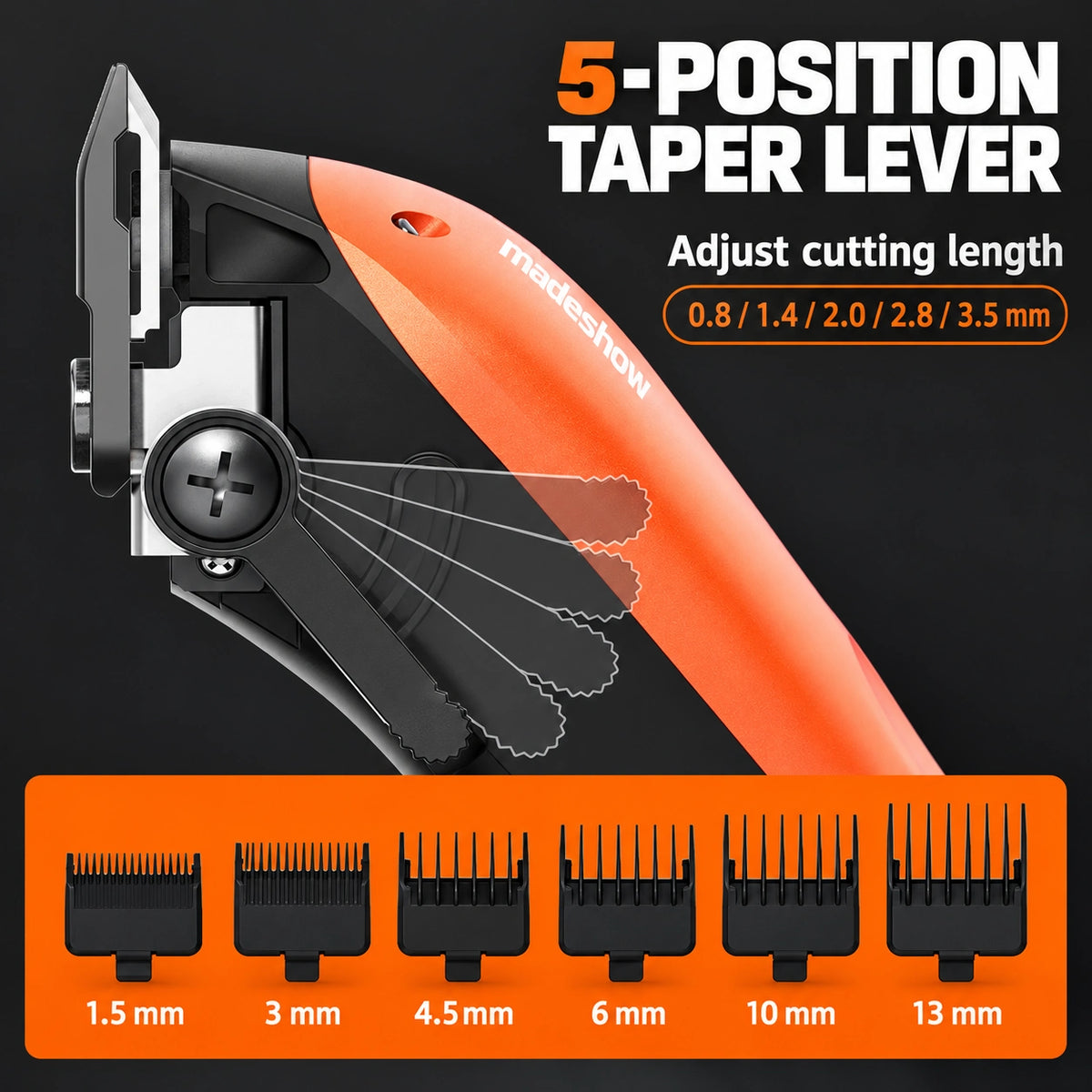 Madeshow M15 Orange — five-position taper lever and six guide combs