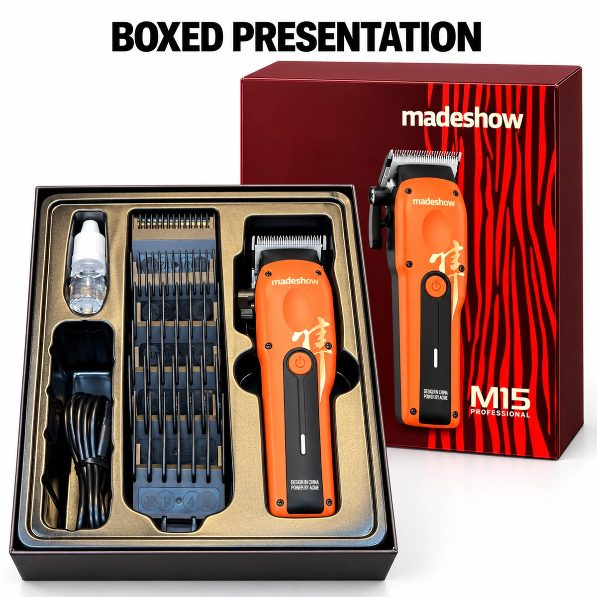Madeshow M15 Orange — retail box and fitted tray