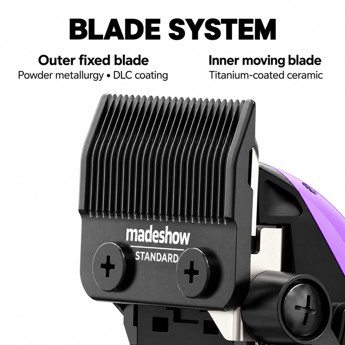Madeshow M15 Purple — DLC-coated powder metallurgy fixed blade and titanium-coated ceramic moving blade