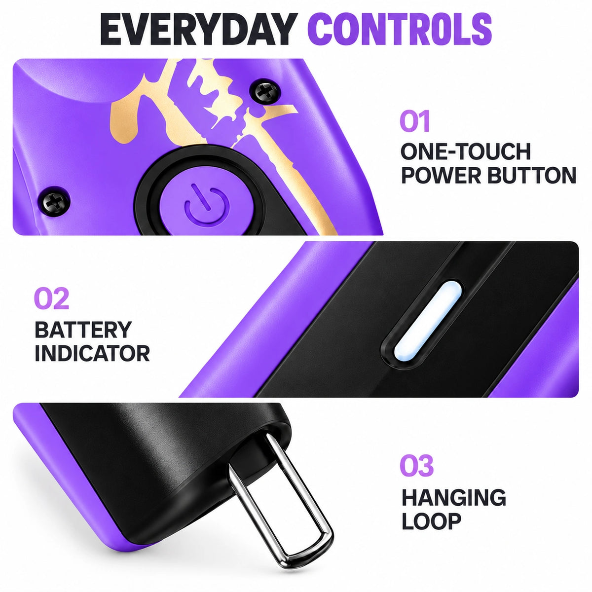 Madeshow M15 Purple — power button, battery indicator and hanging loop