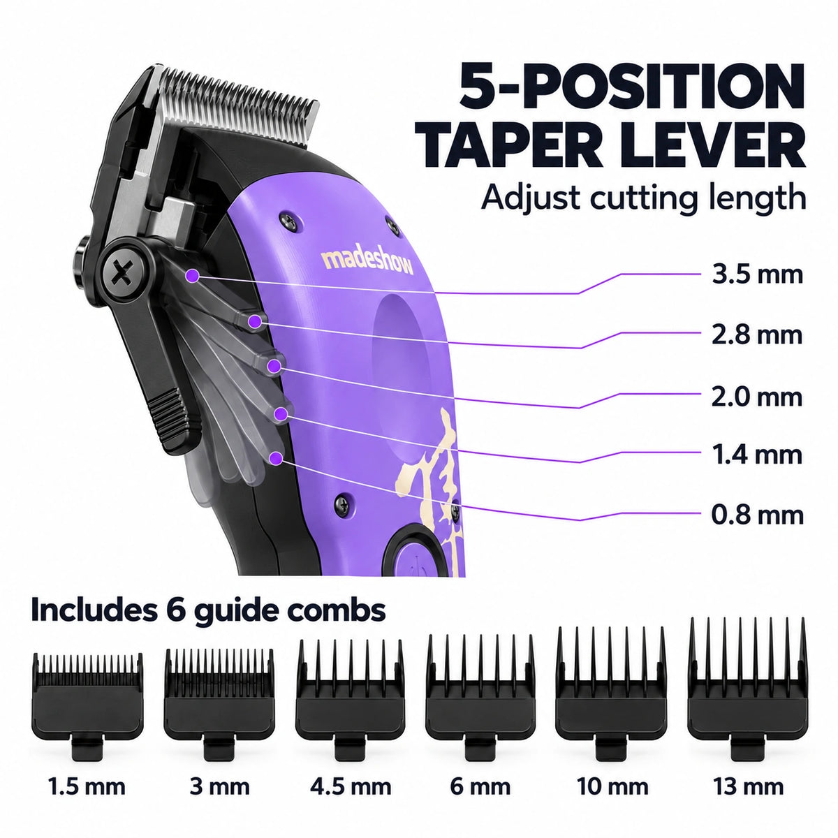 Madeshow M15 Purple — five-position taper lever and six guide combs