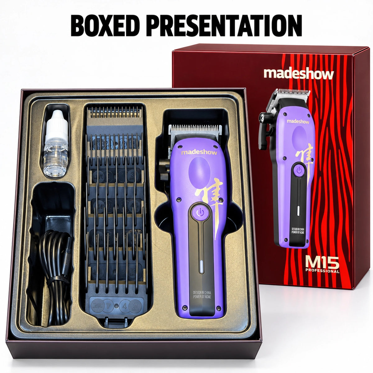 Madeshow M15 Purple — retail box and fitted tray