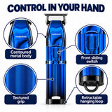 Madeshow M6 Blue fine evenly spaced grip grooves, contoured metal body, front sliding switch and hanging loop