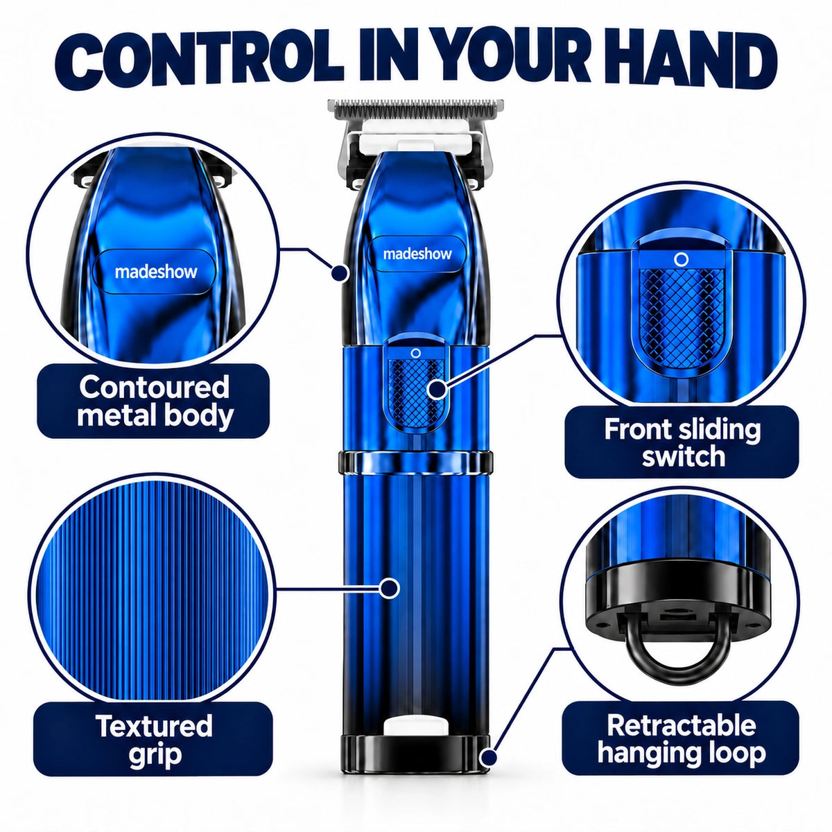 Madeshow M6 Blue fine evenly spaced grip grooves, contoured metal body, front sliding switch and hanging loop