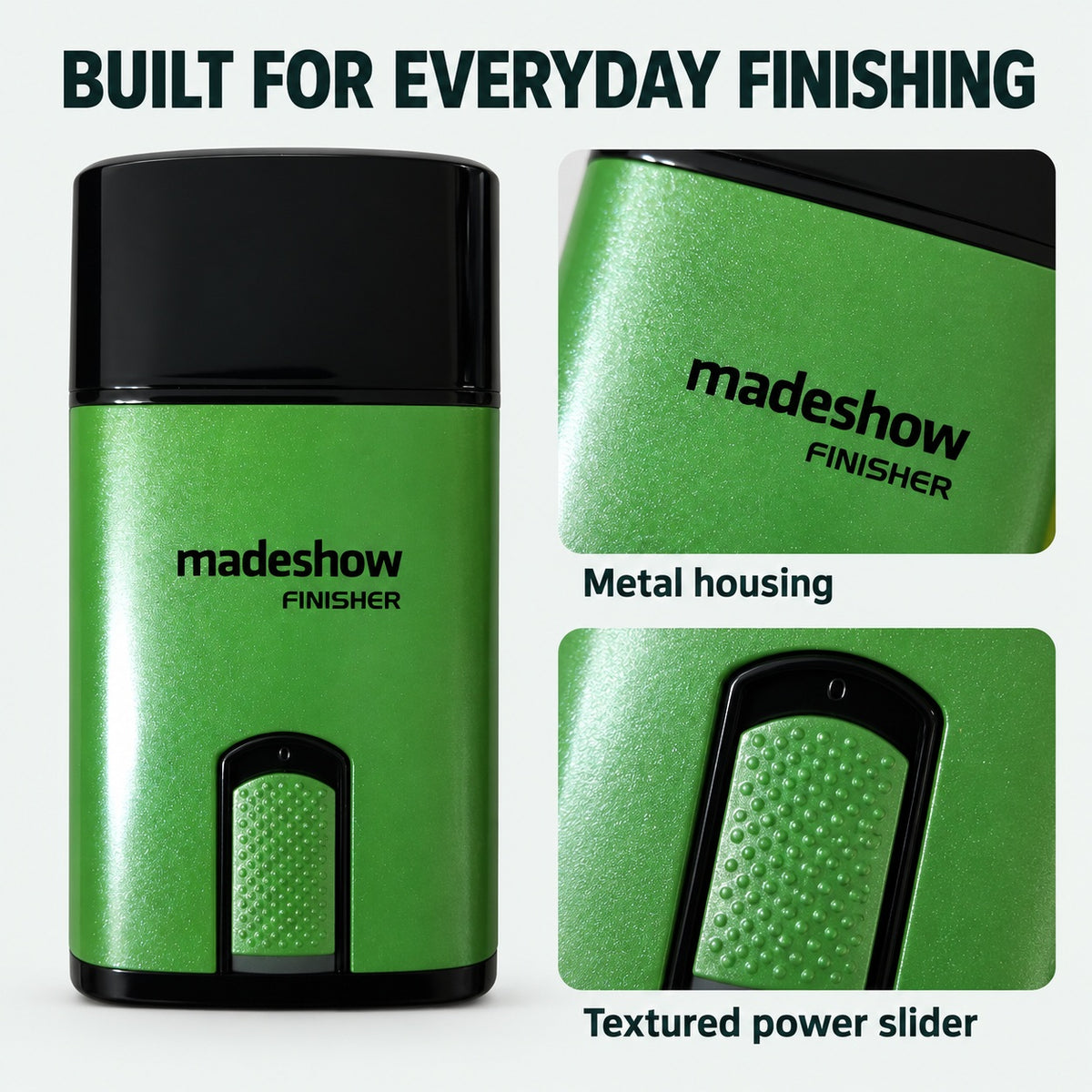 保護キャップ付きのグリーンのMadeshow M7と、金属製ボディおよび凹凸のあるスライドスイッチの拡大図