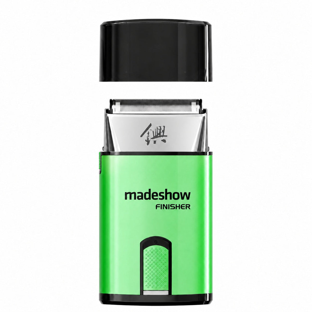 黒い保護キャップを持ち上げたグリーンのMadeshow M7シングルフォイルシェーバー