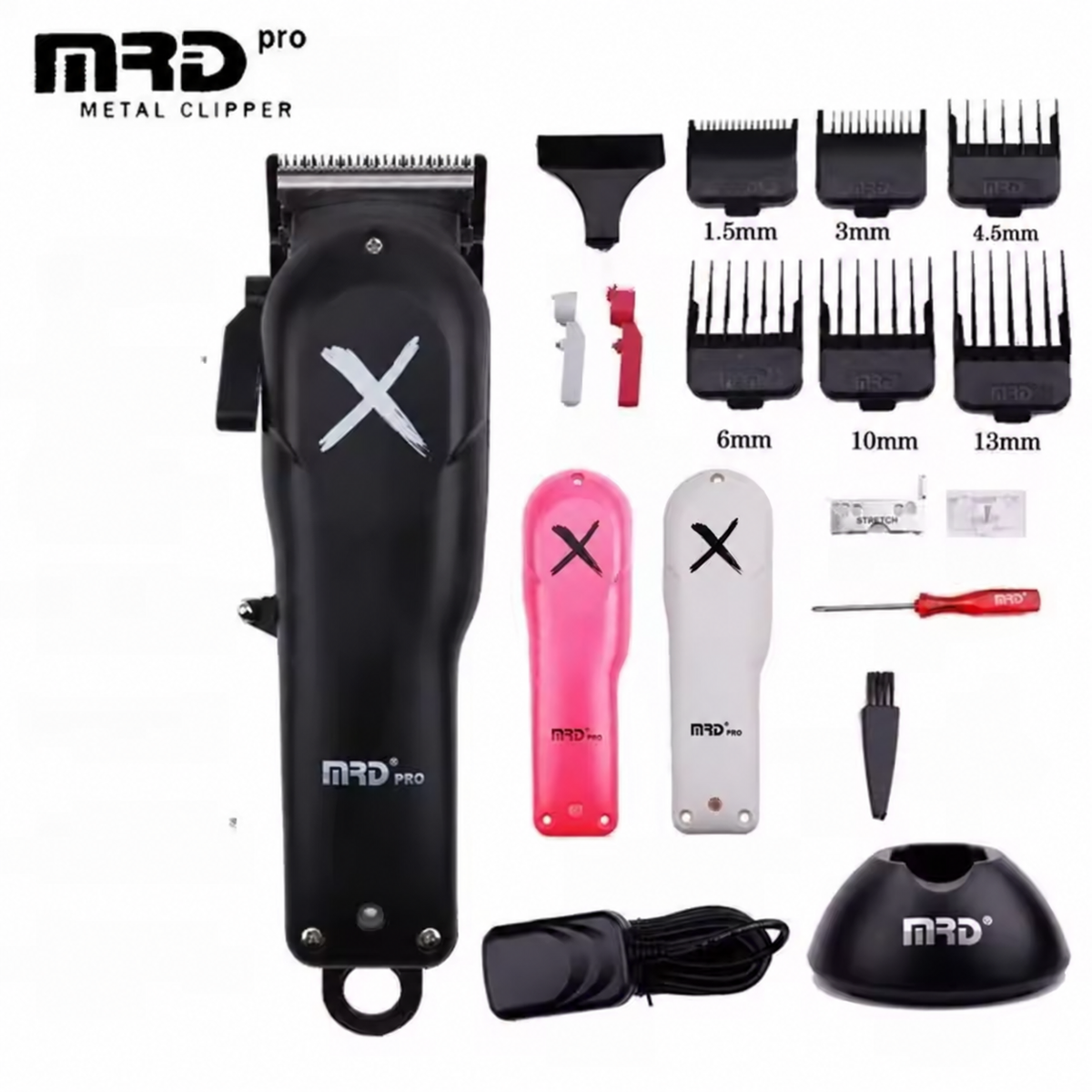 MRD HC-3969X clipper kit with six black guide combs, replacement covers, charging stand and accessories