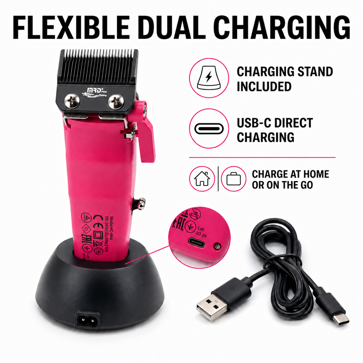 MRD pink hair clipper charging stand and USB-C connection