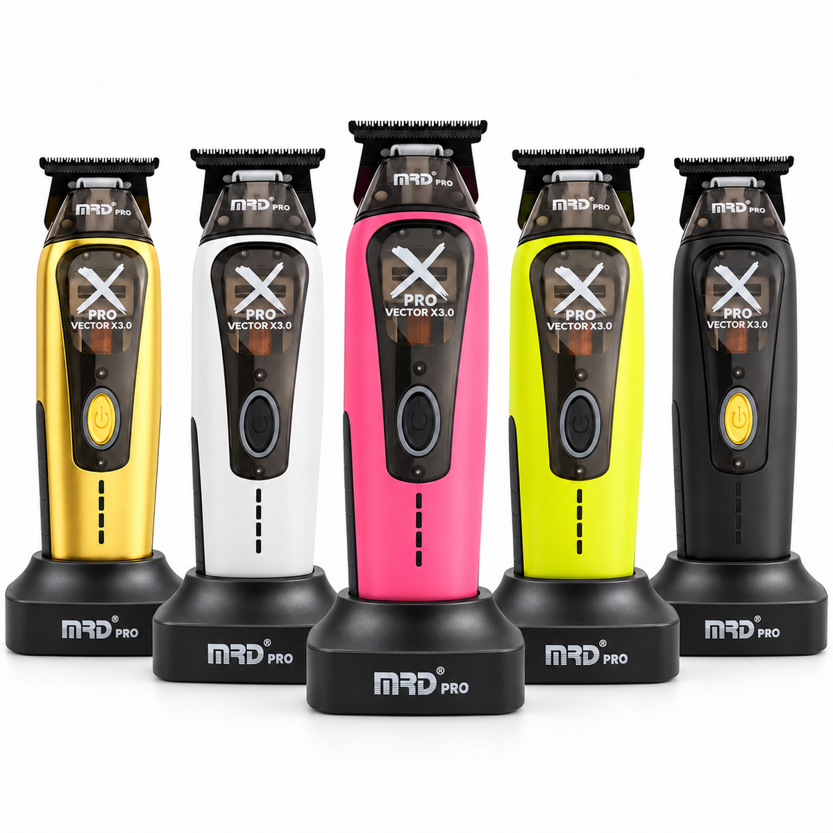 Recortadora MRD X-Pro en dorado, blanco, rosa, verde lima y negro con bases de carga
