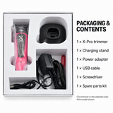 Embalaje de la MRD X-Pro con recortadora, base, adaptador, cable USB, destornillador y kit de piezas de repuesto