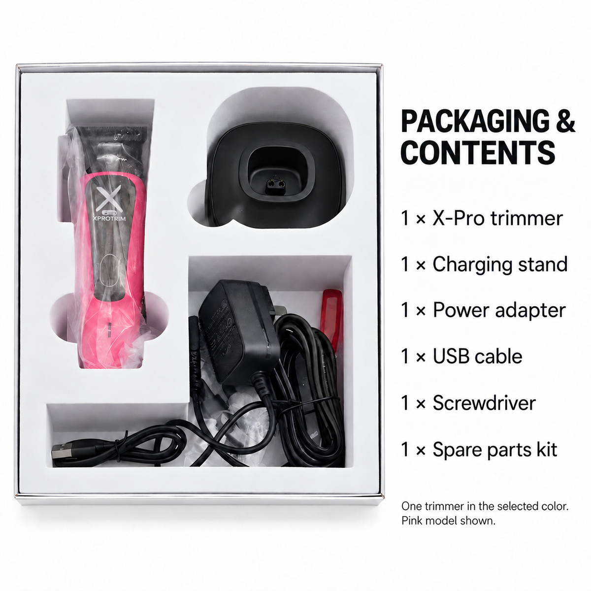 Embalaje de la MRD X-Pro con recortadora, base, adaptador, cable USB, destornillador y kit de piezas de repuesto