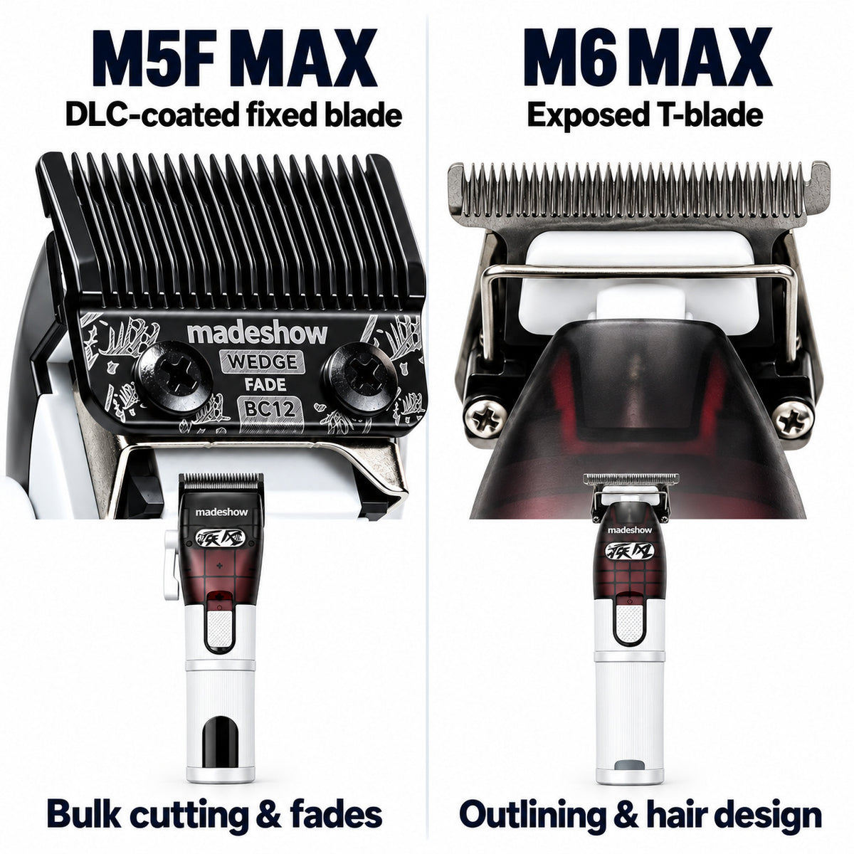 M5F MAX DLC-coated fixed blade and M6 MAX exposed T-blade shown separately