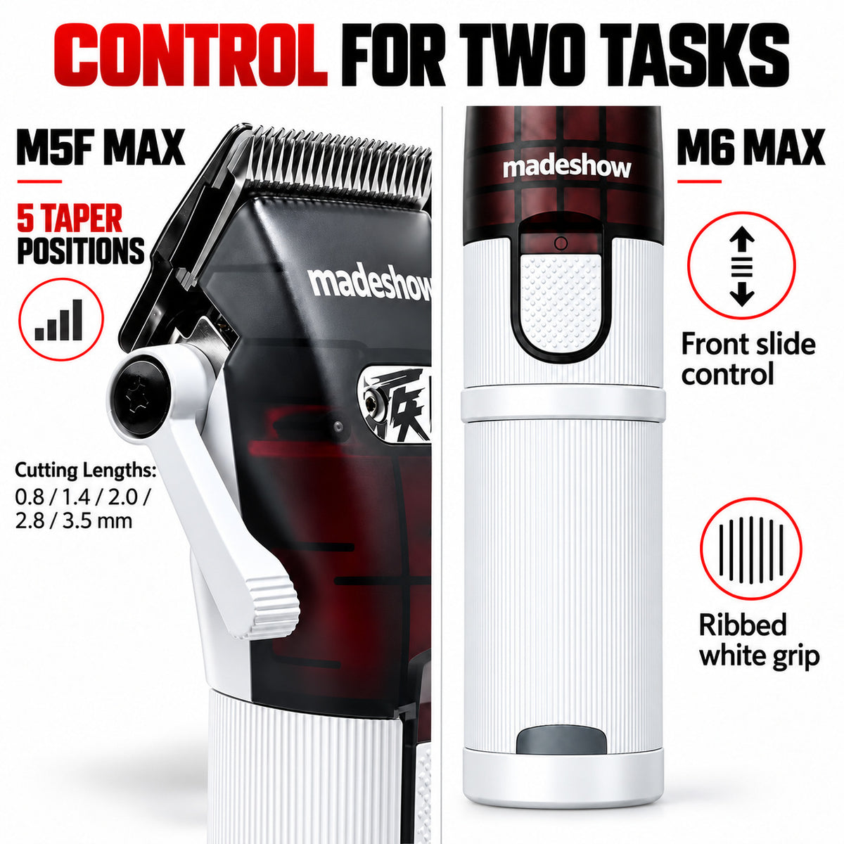 M5F MAX taper lever and M6 MAX slide control and white ribbed grip