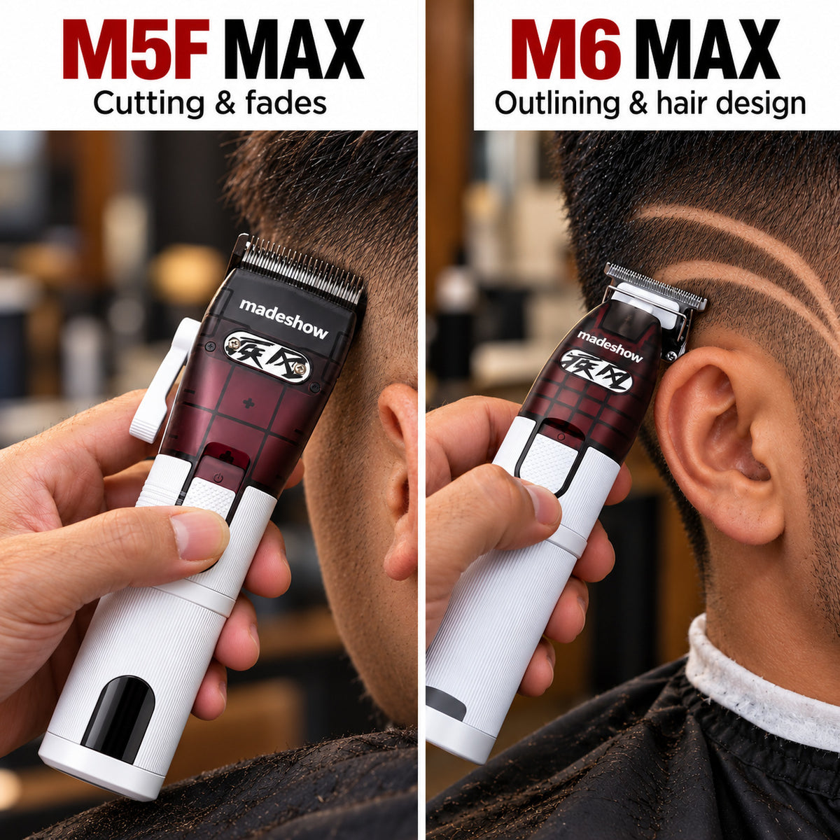 M5F MAX cutting a fade and M6 MAX outlining a carved hair design