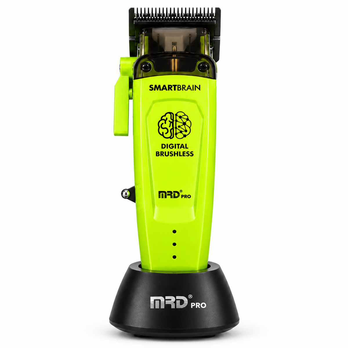 MRD Smart Brain HC-90-4 Professional Cordless Hair Clipper in green, front view on charging stand