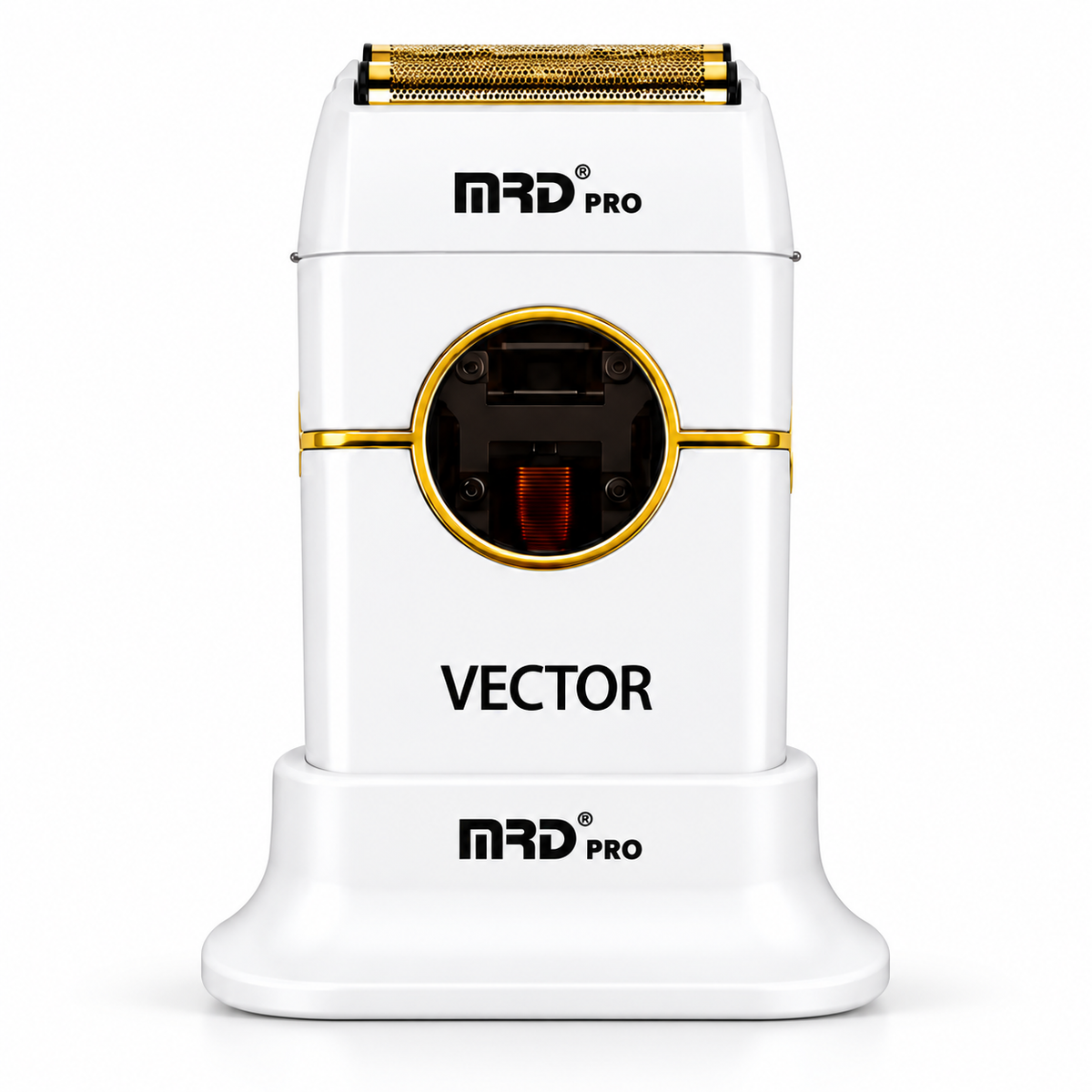 Professional Full-Metal Foil Shaver – Maglev Motor in white, front view on charging stand