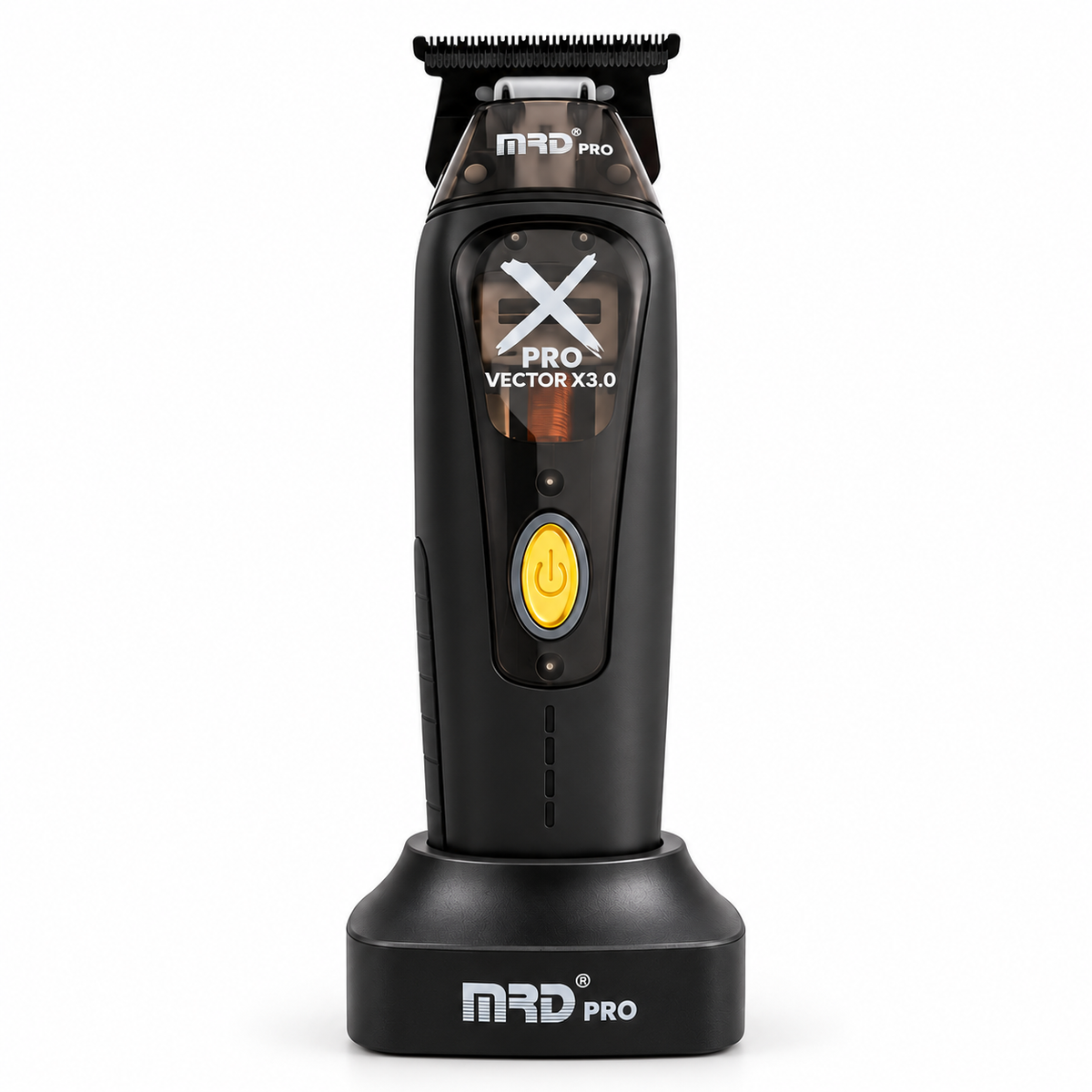 MRD X-Pro Professional Vector Motor Trimmer in black, front view on charging stand