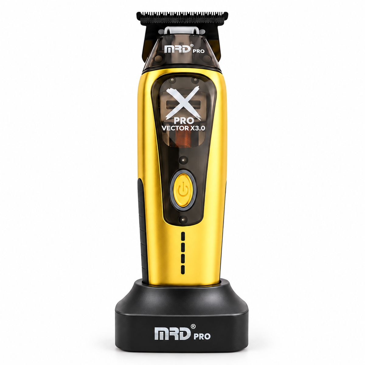 MRD X-Pro Professional Vector Motor Trimmer in gold, front view on charging stand
