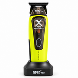 MRD X-Pro Professional Vector Motor Trimmer in lime green, front view on charging stand