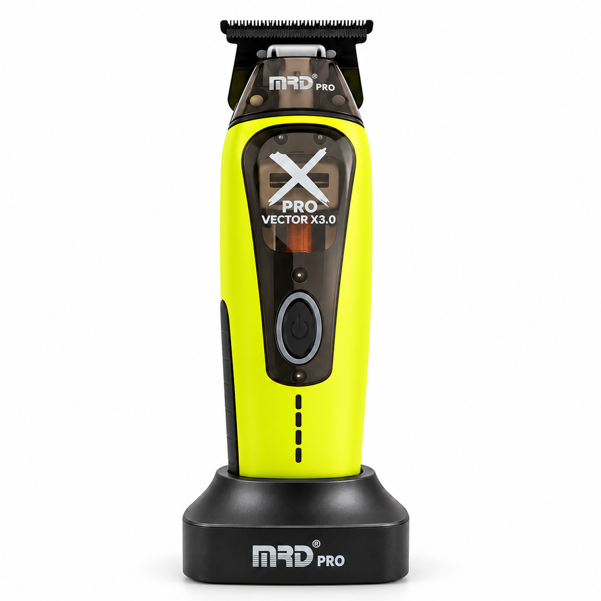 MRD X-Pro Professional Vector Motor Trimmer in lime green, front view on charging stand