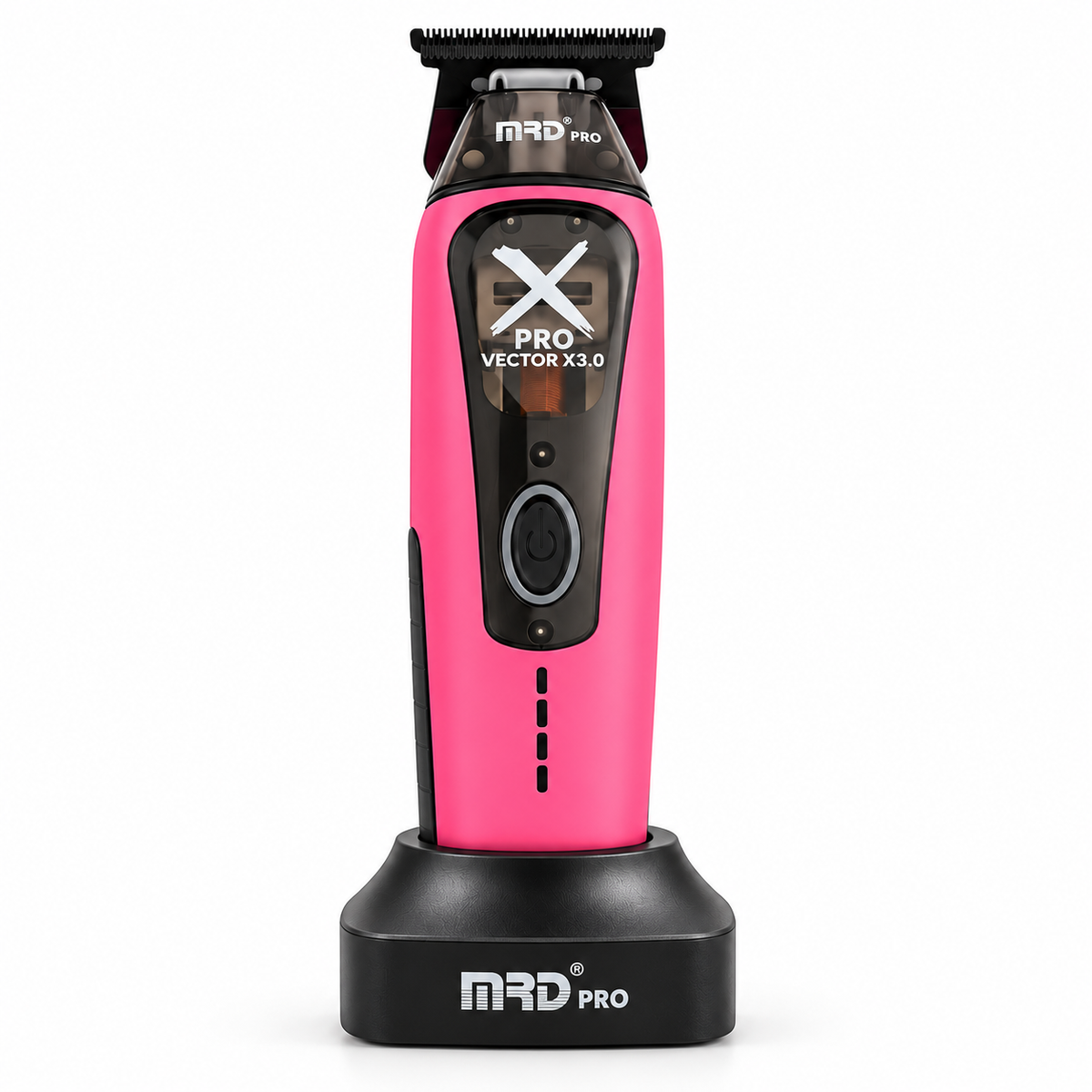 MRD X-Pro Professional Vector Motor Trimmer in pink, front view on charging stand
