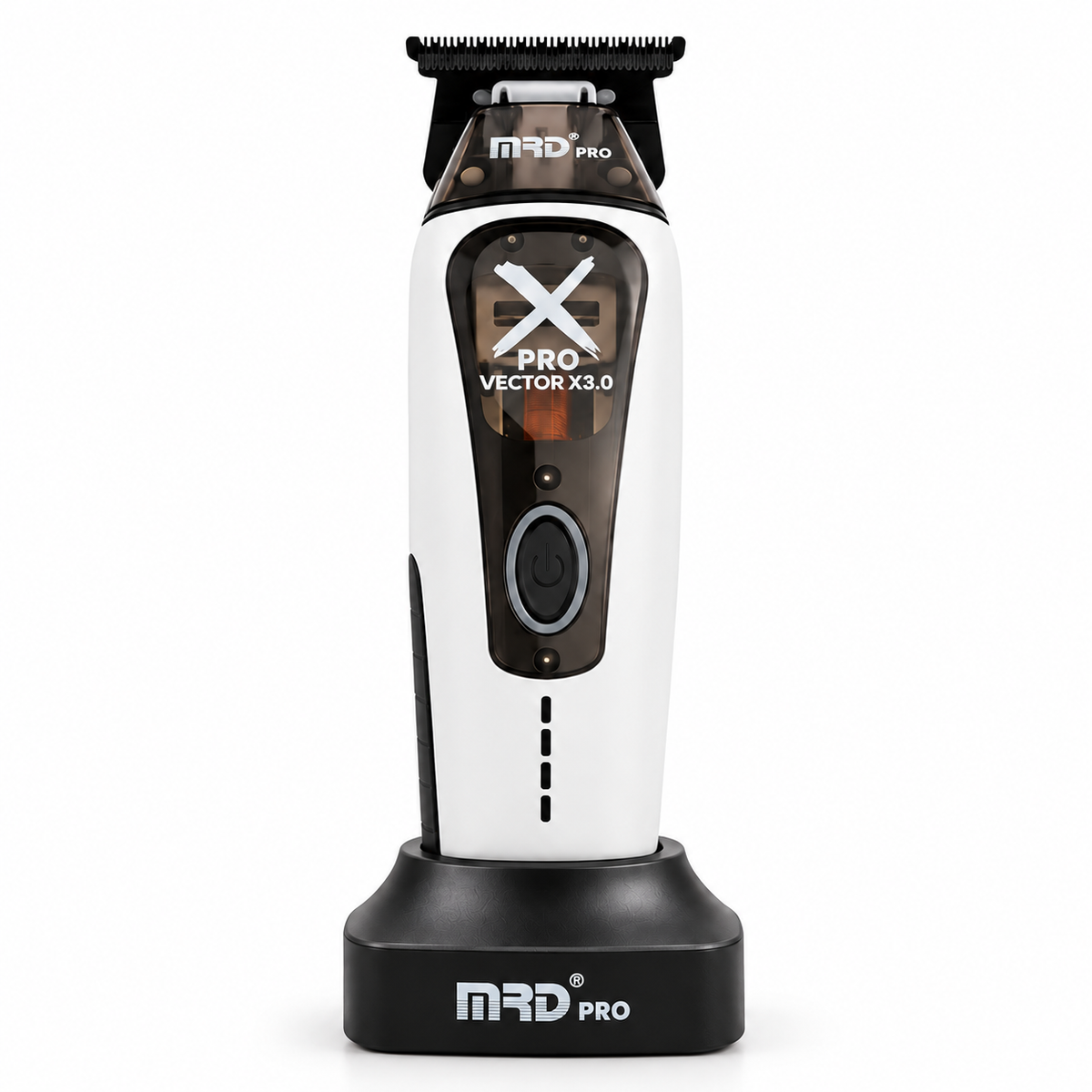 MRD X-Pro Professional Vector Motor Trimmer in white, front view on charging stand
