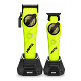 WMARK NG-8613 KIT Light Green clipper and T-blade trimmer on their two original charging docks, shown against white to identify the matching kit.