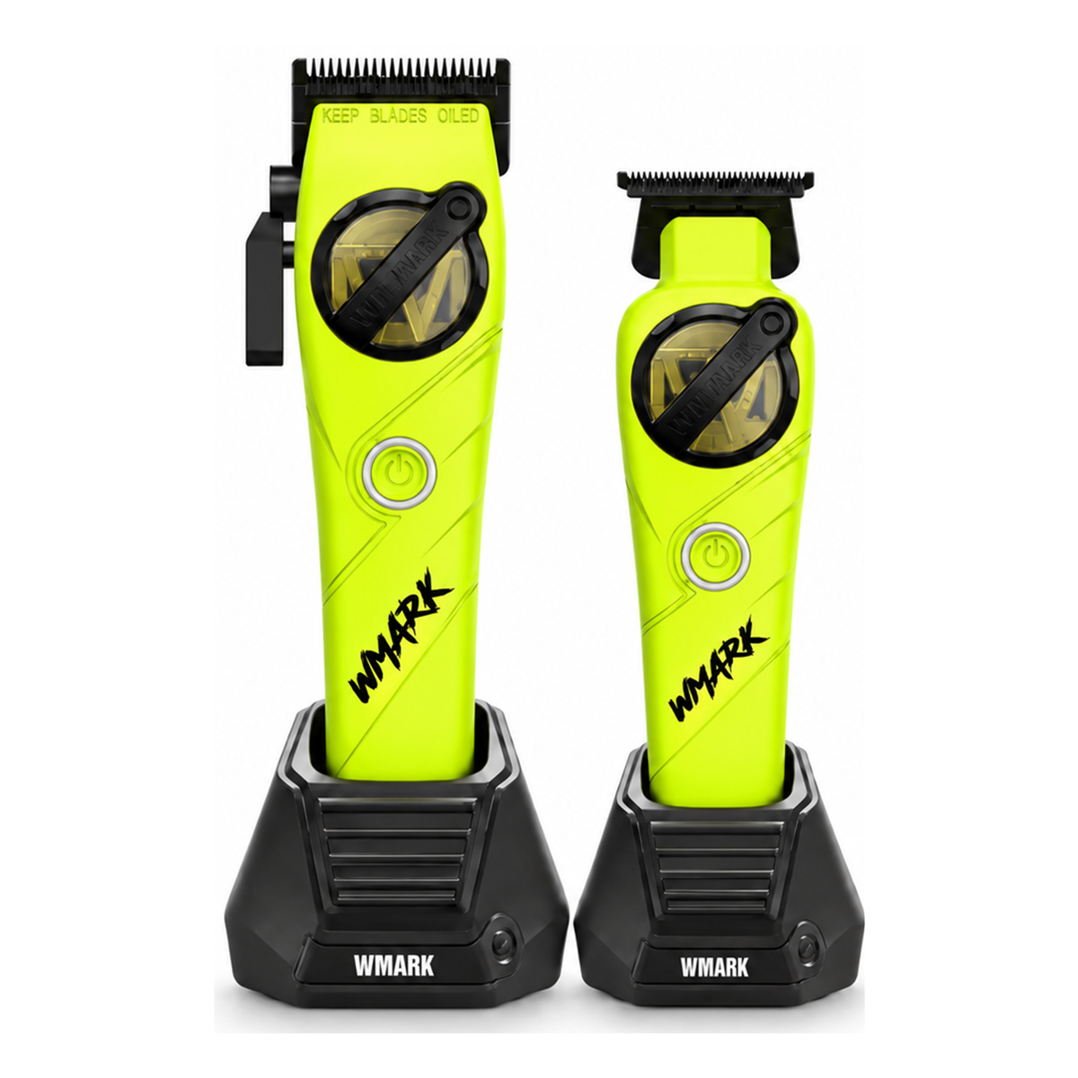 WMARK NG-8613 KIT Light Green clipper and T-blade trimmer on their two original charging docks, shown against white to identify the matching kit.