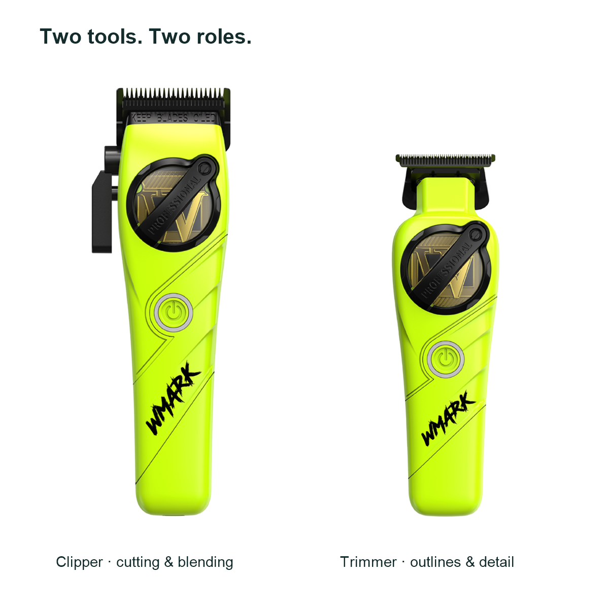 WMARK NG-8613 KIT Light Green clipper and shorter detail trimmer shown separately to explain their cutting, blending, outlining and detail roles.