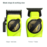 WMARK NG-8613 KIT Light Green front blade close-ups showing the clipper blade, taper lever and narrower trimmer T-blade working views.