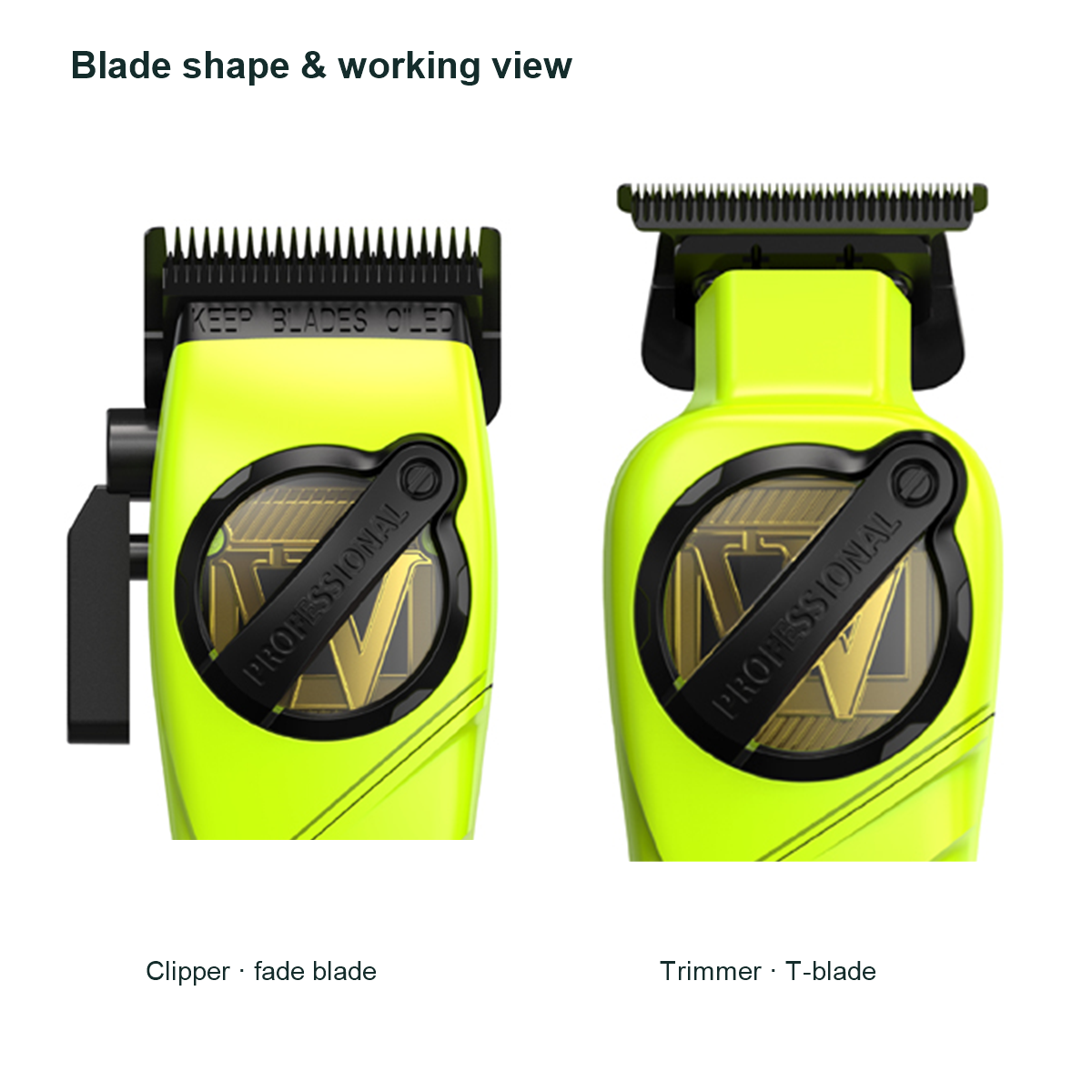 WMARK NG-8613 KIT Light Green front blade close-ups showing the clipper blade, taper lever and narrower trimmer T-blade working views.