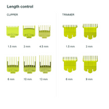 WMARK NG-8613 KIT Light Green six clipper guide combs and four trimmer guide combs grouped separately with their cutting lengths.