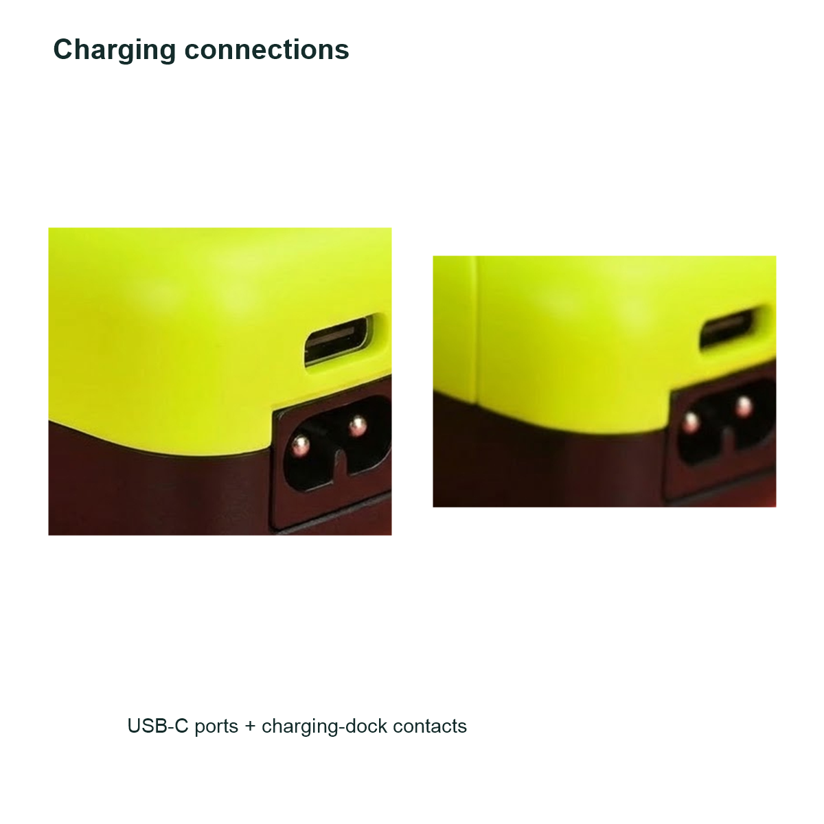 WMARK NG-8613 KIT Light Green original bottom detail photographs showing USB-C ports and charging-dock contacts on both tools.