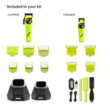 WMARK NG-8613 KIT Light Green two tools above their separate guide-comb groups, with two charging docks, cables, blade oil and grooming accessories below.