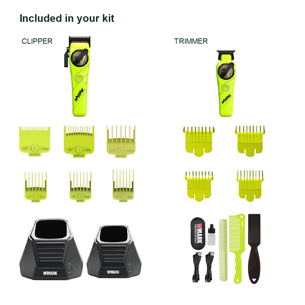WMARK NG-8613 KIT Light Green two tools above their separate guide-comb groups, with two charging docks, cables, blade oil and grooming accessories below.