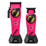 WMARK NG-8613 KIT Pink clipper and T-blade trimmer on their two original charging docks, shown against white to identify the matching kit.