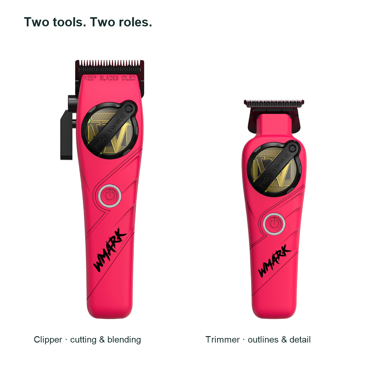 WMARK NG-8613 KIT Pink clipper and shorter detail trimmer shown separately to explain their cutting, blending, outlining and detail roles.