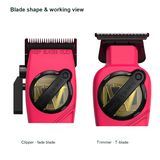 WMARK NG-8613 KIT Pink front blade close-ups showing the clipper blade, taper lever and narrower trimmer T-blade working views.