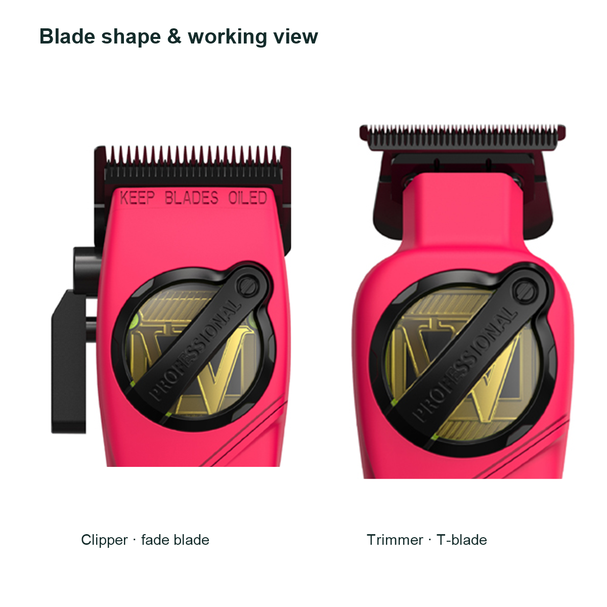 WMARK NG-8613 KIT Pink front blade close-ups showing the clipper blade, taper lever and narrower trimmer T-blade working views.